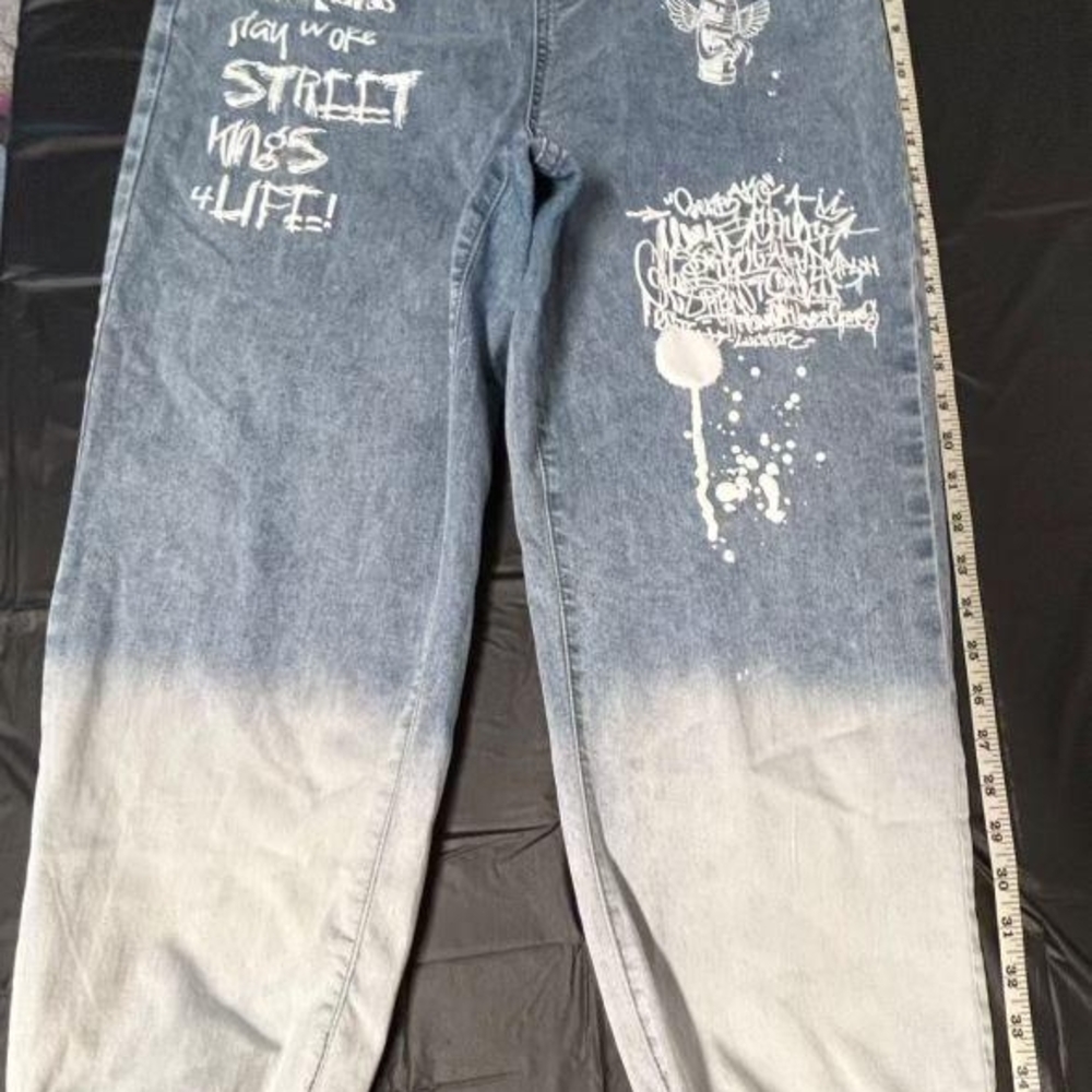 Blue and White Gradient Jeans with Graphic Design